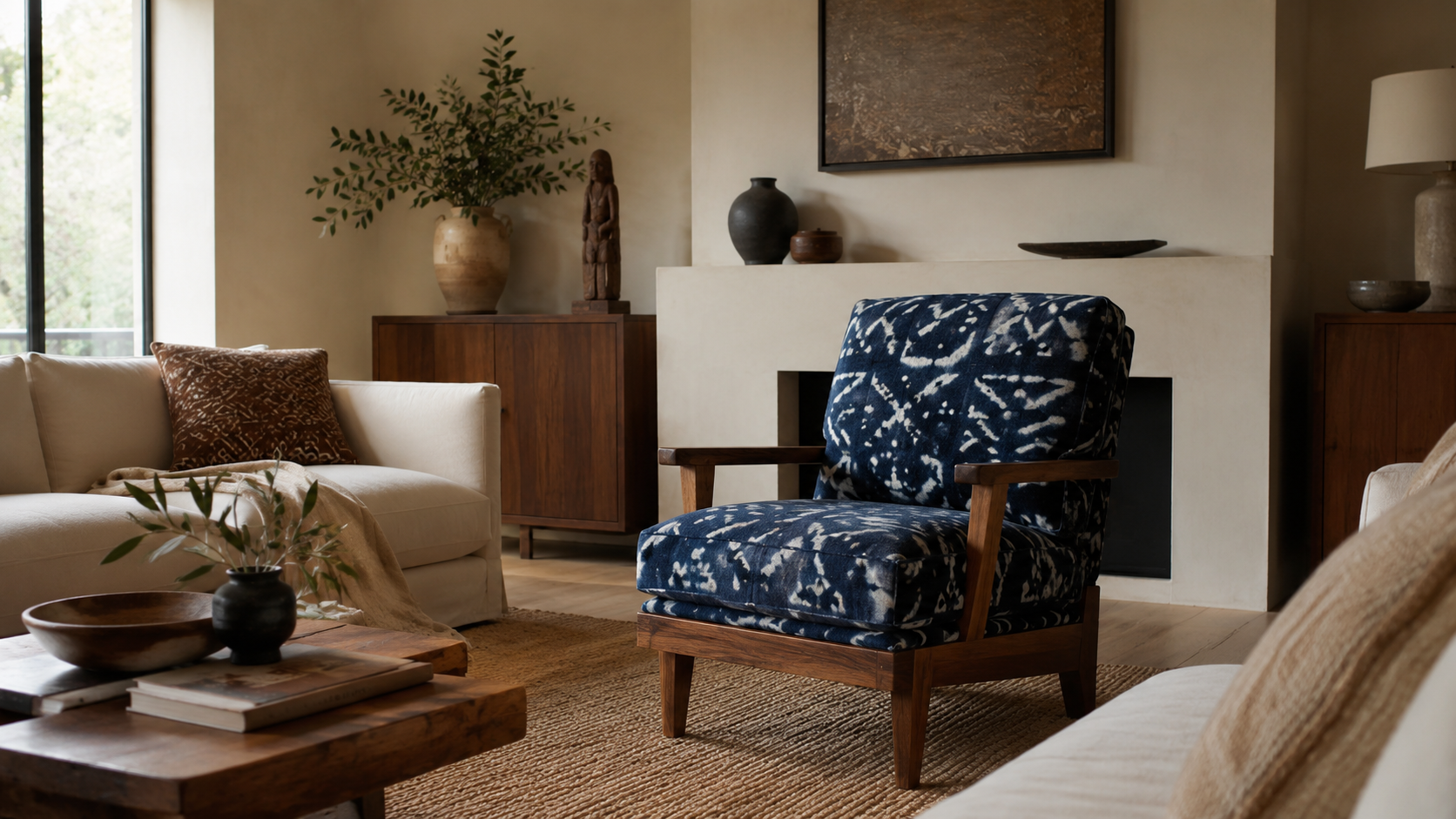 Statement accent chair upholstered in indigo Adire textile set against warm neutral walls